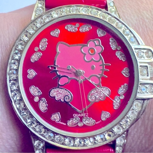 โฐ  Rare Vintage Early 2000โs Hello Kitty Red Leather and Pave Crystal Watch - Picture 4 of 13